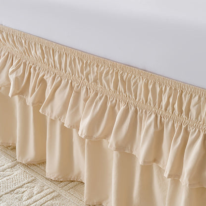 Double Ruffle Bed Skirt 16" Drop, Elastic Wrap Around Dust Ruffle for Twin Full Queen King Bed, Easy Install Linen Poly Blend Bedskirt