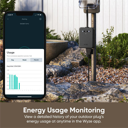 Wyze Outdoor Smart Plug Dual Independent Outlets, WiFi, Energy Monitoring, Built-in Light Sensor