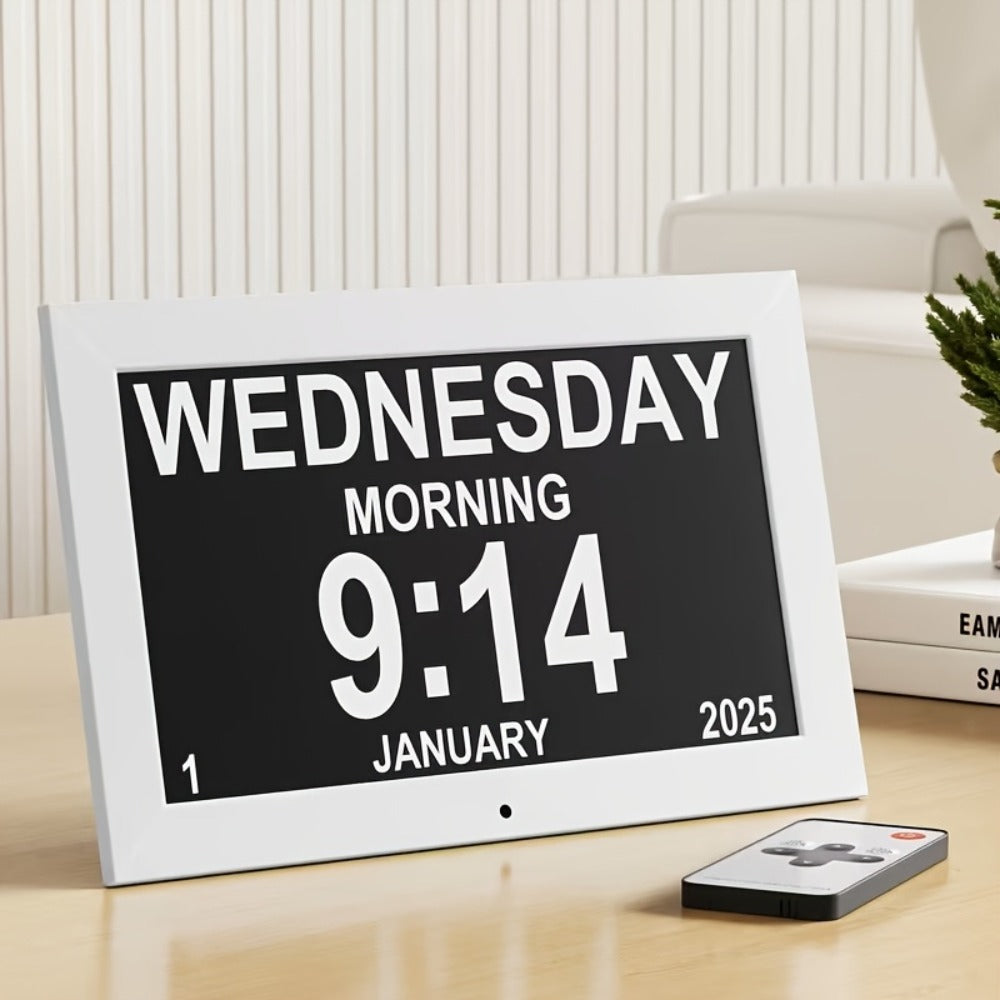 Digital Photo Frame Clock Large Display Calendar Alarm Clock for Seniors USB Powered Supports for Entryways, Bedrooms and Living Spaces