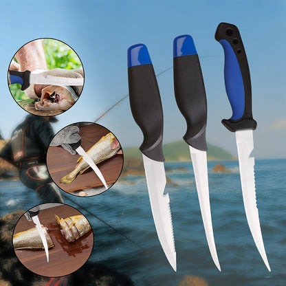 Fishing Knife Set 3-Piece Stainless Steel Fillet Boning Knife with Cut Resistant Gloves Fishing Line Cutter Stretch Rope for Fishing Camping