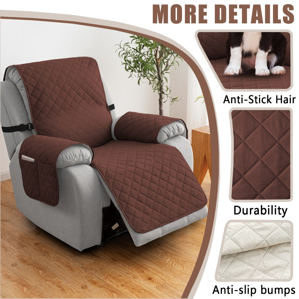 Diamond-Quilted One-Piece Recliner Chair Cover with Side Pocket, Buckle Strap and Eight Colors