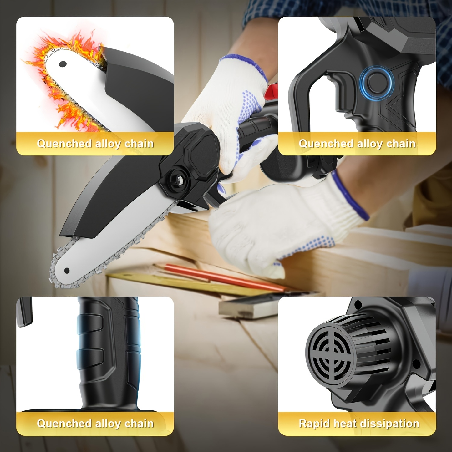 Electric Mini Chainsaw 6-Inch with Debris Guard & Toolbox - Cordless Handheld Pruning Saw with Safety Lock