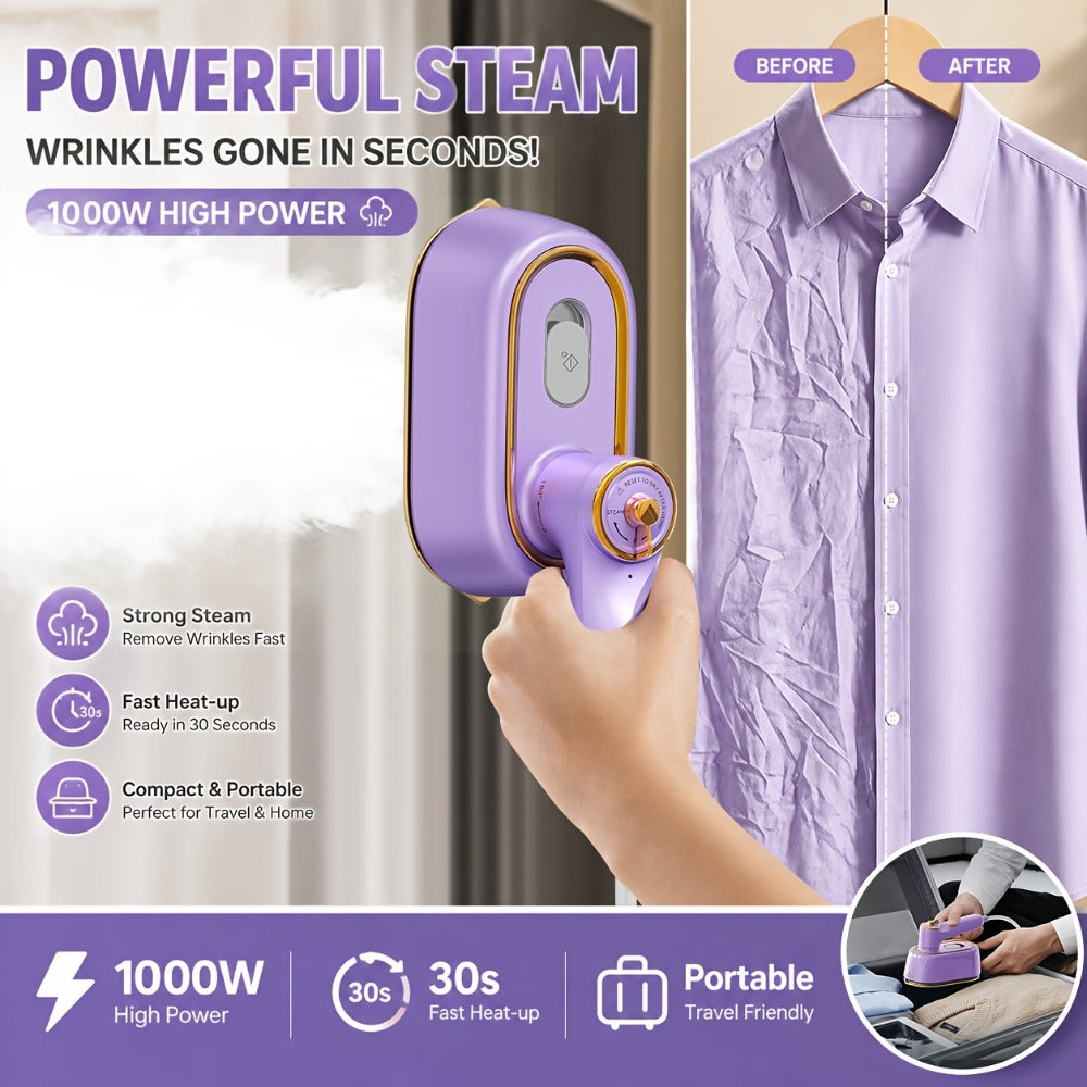 Mini Travel Steamer 2-in-1 Dry Steam Iron Foldable 180 Degree Handle 15-Second Heat 85ml for Entryways, Bedrooms and Living Spaces