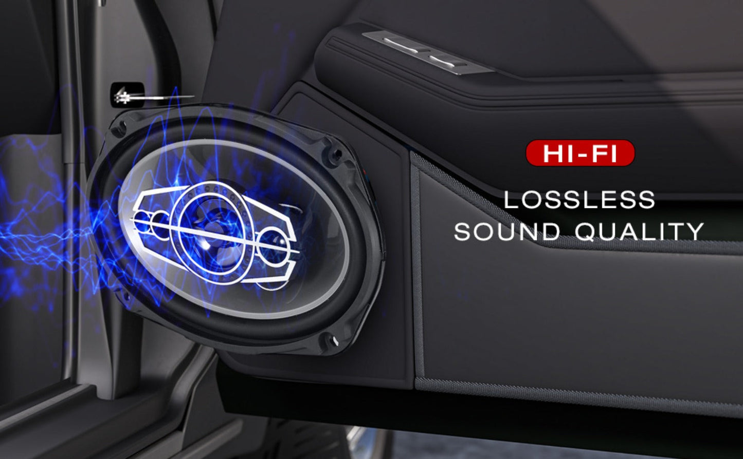 Pair of 6 x 9 Inch Five-Way Coaxial Car Speakers Labeled 1000W Peak, 120W RMS and 4 Ohms with Grilles