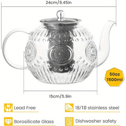 Vintage Glass Teapot 50oz 1500ml with Removable Infuser Stovetop Safe Borosilicate Tea Kettle for Entryways, Bedrooms and Living Spaces