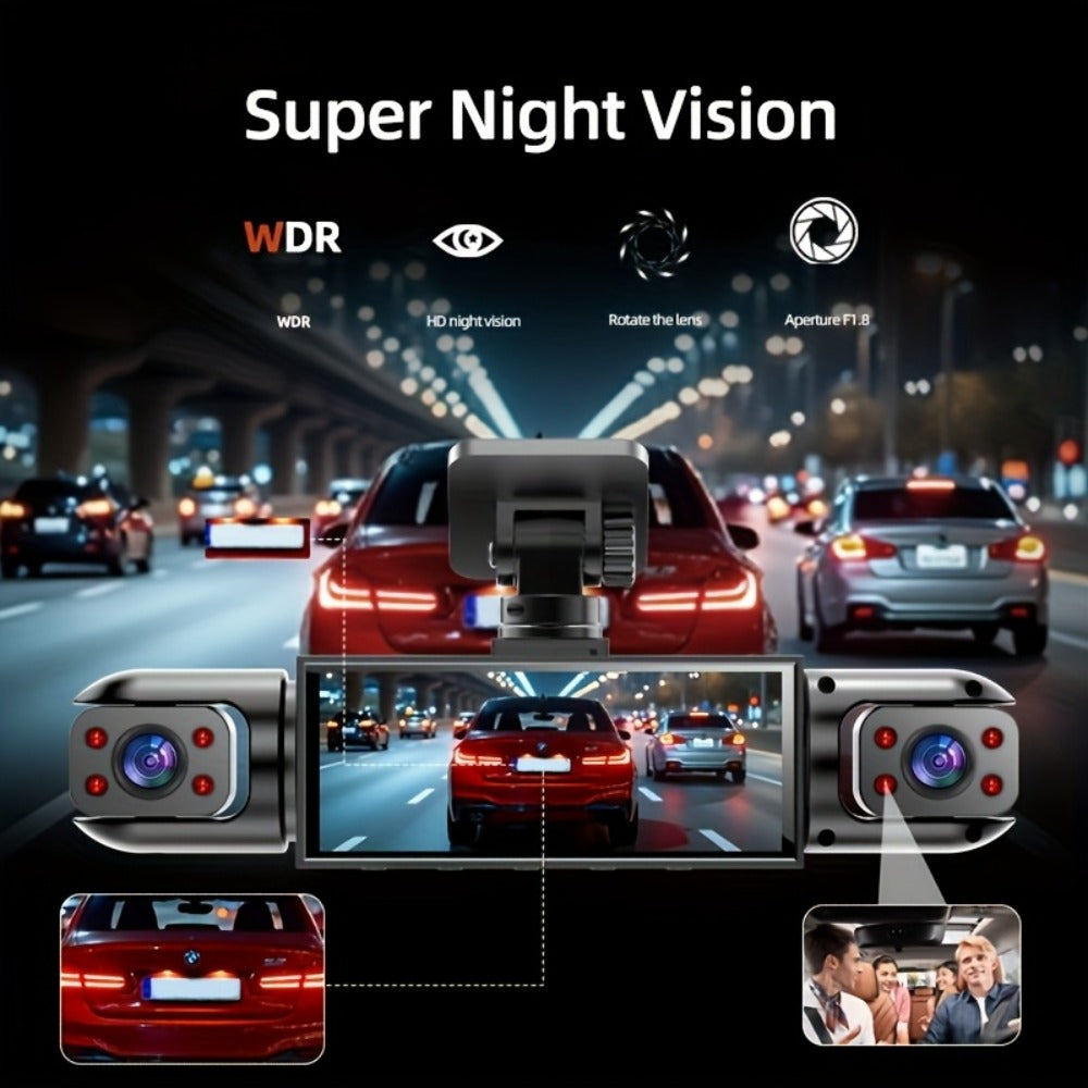 360° Panoramic Dash Cam 3 & 4 Lens 1080P HD Front + 720P Rear Left Right, Quad-Split Screen, HD Night Vision WDR G-Sensor Loop Recording