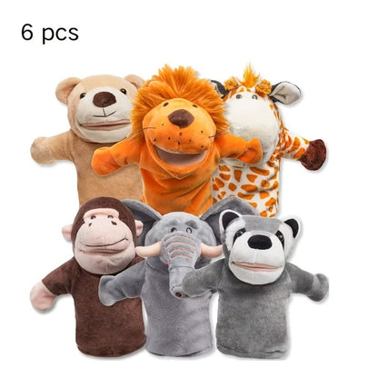 Six-Piece Zoo Animal Hand Puppet Set with Brown, Orange, Spotted and Gray Character Designs