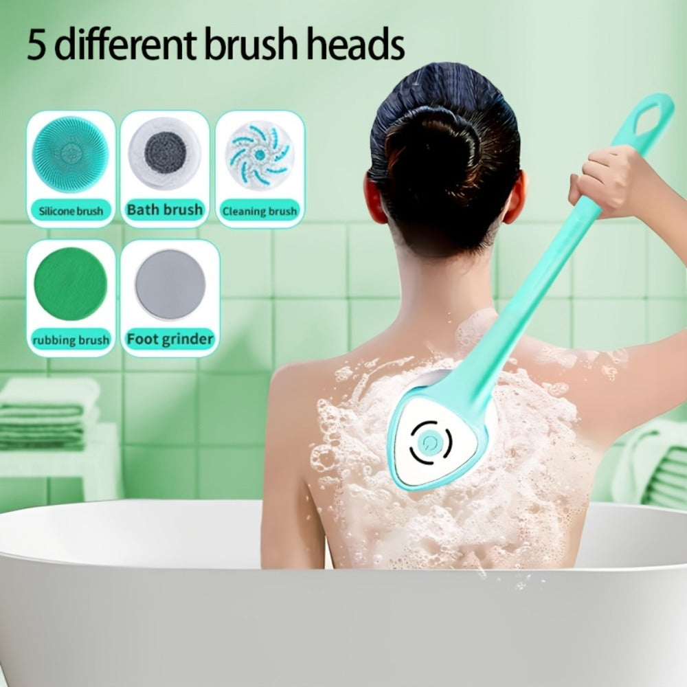Electric Body Scrubber 6-in-1 Rechargeable Shower Brush - Vibrating Exfoliating Brush with Long Handle