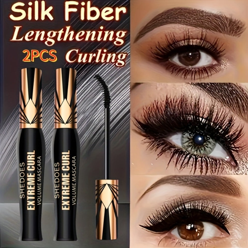 Black Mascara Two-Piece Set with Gold Crown-Style Caps and Curved Black Bristle Applicator Wands