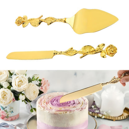 Cake Knife and Spatula Set with Rose Handle, Silver-Plated Dessert Server Gift Box Set for Wedding