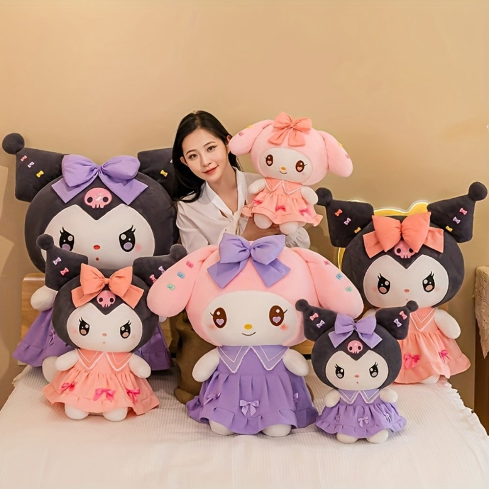Kuromi My Melody Plush Doll Princess Dress, Collectible Sanrio Stuffed Animal with Pink Bow & Ruffled Collar