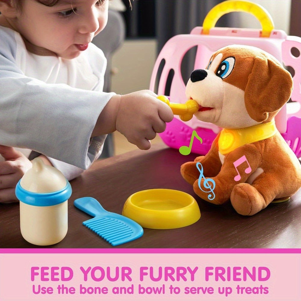 Interactive Plush Dog Toy for Toddlers with Carrier Set Music Lights Sounds with the Listed Color, Size or Set Options for Everyday Use
