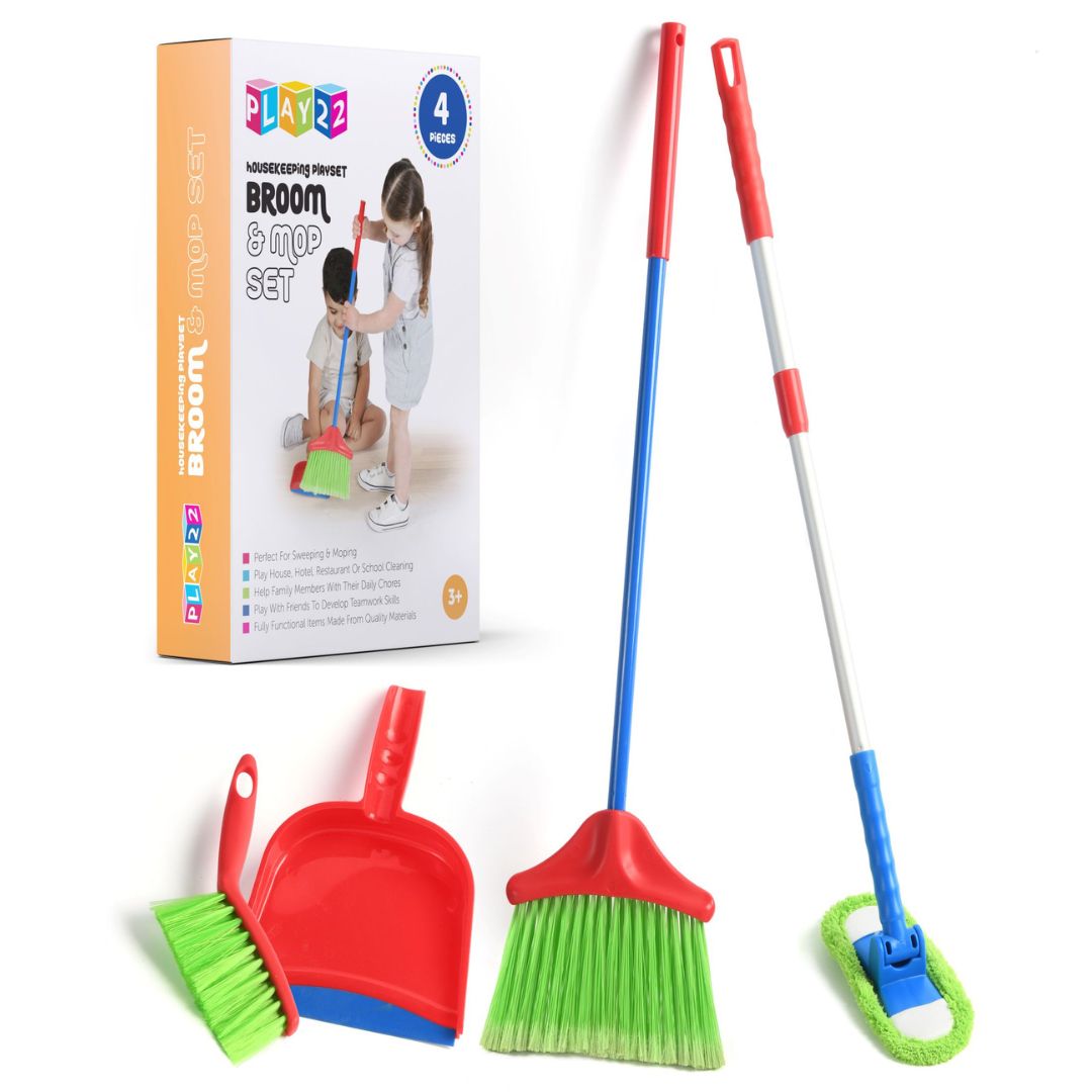 Kids Cleaning Set 4 Piece Toy Broom Mop Brush Dustpan, Pretend Play Housekeeping Kit for Toddlers Boys Girls