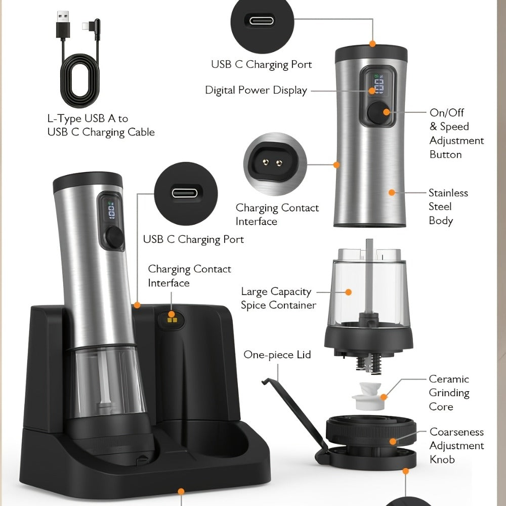 Electric Salt and Pepper Grinder Set Rechargeable USB Large with Base Adjustable Coarseness LED Display Kitchen Gift Silver Black