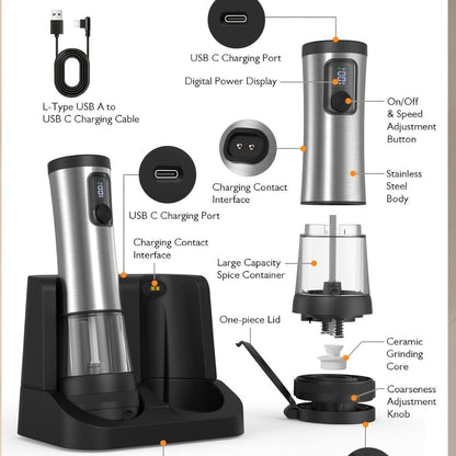 Electric Salt and Pepper Grinder Set Rechargeable USB Large with Base Adjustable Coarseness LED Display Kitchen Gift Silver Black