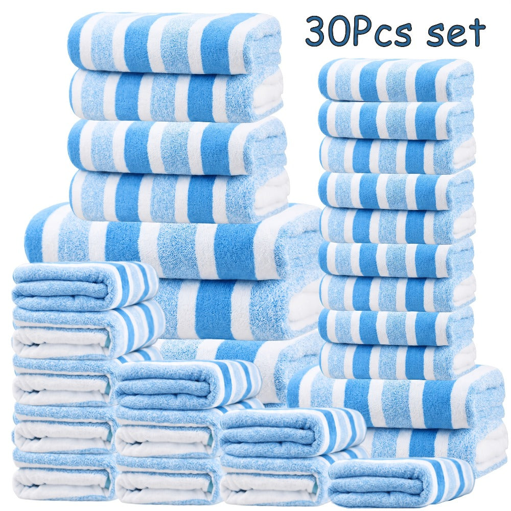 Thirty-Piece Striped Bath Towel Set with Bath, Hand and Washcloth Sizes in Ten Color Checkouts
