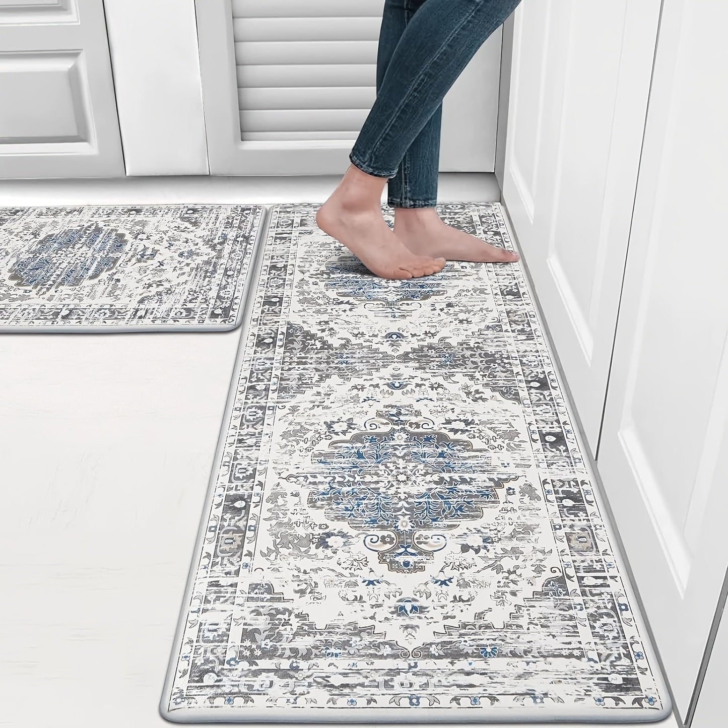 Kitchen Mat Set, 2-Piece Boho Distressed Cushioned Rugs in Five Color Patterns with 17.3x28 and 17.3x48-Inch Sizes