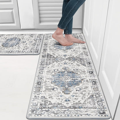 Kitchen Mat Set, 2-Piece Boho Distressed Cushioned Rugs in Five Color Patterns with 17.3x28 and 17.3x48-Inch Sizes