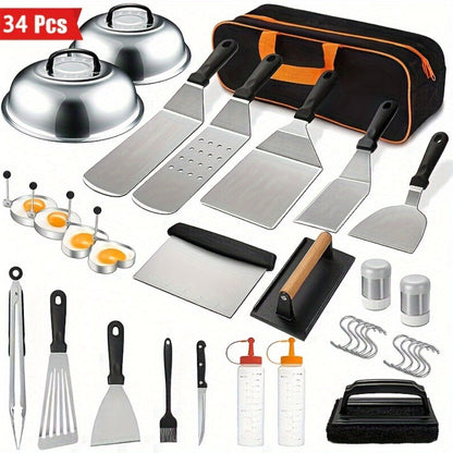 Griddle Accessories Kit 34 Piece Stainless Steel – Flat Top Grill Set with Enlarged Spatulas, Basting Cover