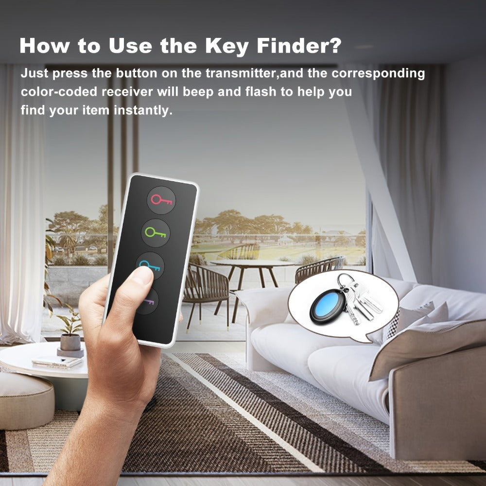 RF Key Finder 4 Receivers No App Required, Wireless Item Locator 131ft Range with LED Flashlight