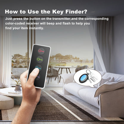 RF Key Finder 4 Receivers No App Required, Wireless Item Locator 131ft Range with LED Flashlight