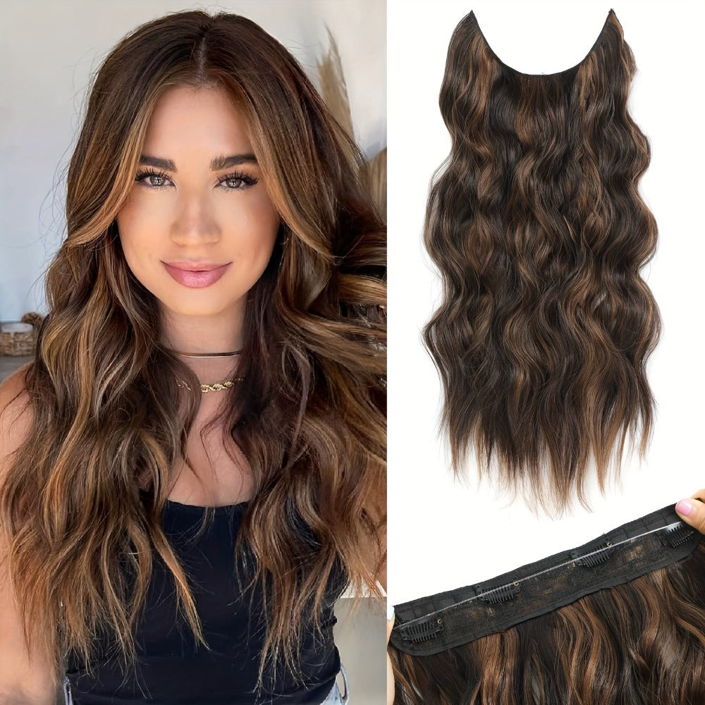 Invisible Wire Hair Extensions 22 Inch for Women – Transparent Fish Line 4 Clips Long Wavy Hairpiece for Thin Fine Hair