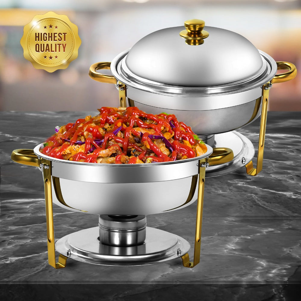 Golden Chafing Dish Buffet Set with Glass Lid 6QT Round Stainless Steel Food Warmer Chafer for Catering Party Dinners Weddings