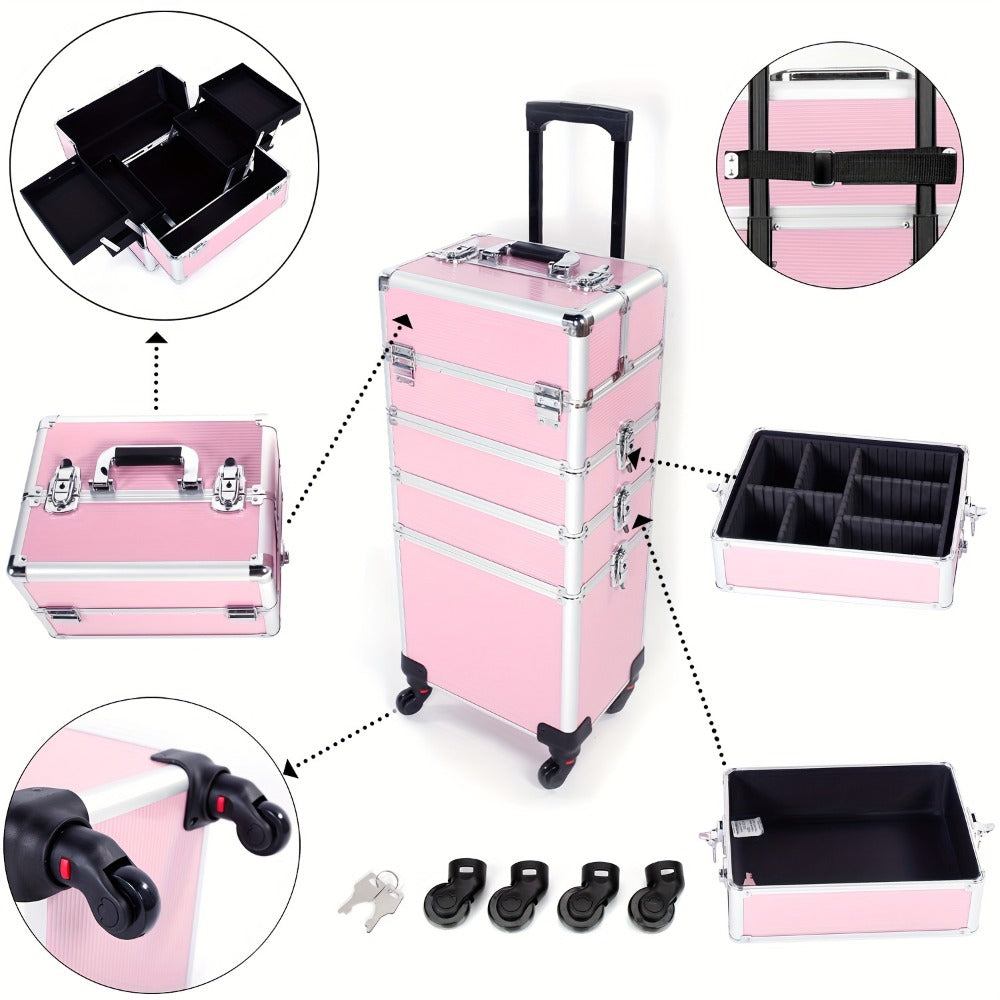 Rolling Makeup Case Aluminum 4-in-1 Extra Large Professional Cosmetic Trolley with 360° Swivel Wheels for Makeup Artist Tattoo Artist Salon