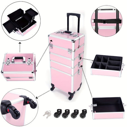 Rolling Makeup Case Aluminum 4-in-1 Extra Large Professional Cosmetic Trolley with 360° Swivel Wheels for Makeup Artist Tattoo Artist Salon