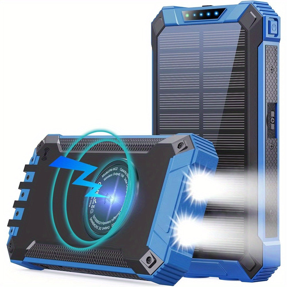 Solar Power Bank 40000mAh with Built-in 4 Cables & 15W Wireless Charging – 6 Outputs 3 Inputs Dual LED Flashlight Portable Charger