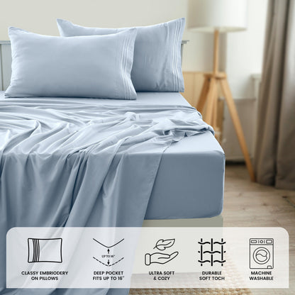Fitted Sheet Set 6-Piece Brushed Polyester Deep Pocket Bed Sheets 20 Colors Hotel Luxury Bedding with Embroidered Pillowcases