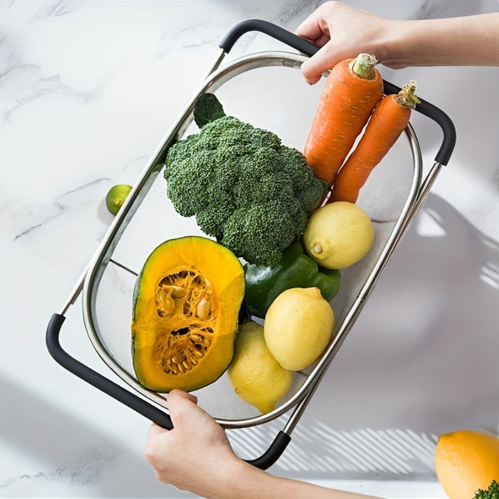 Stainless Steel Colander Expandable Fine Mesh Drain Basket Strainer for Vegetables Fruits for Home Cooking, Dining and Outdoor Meals