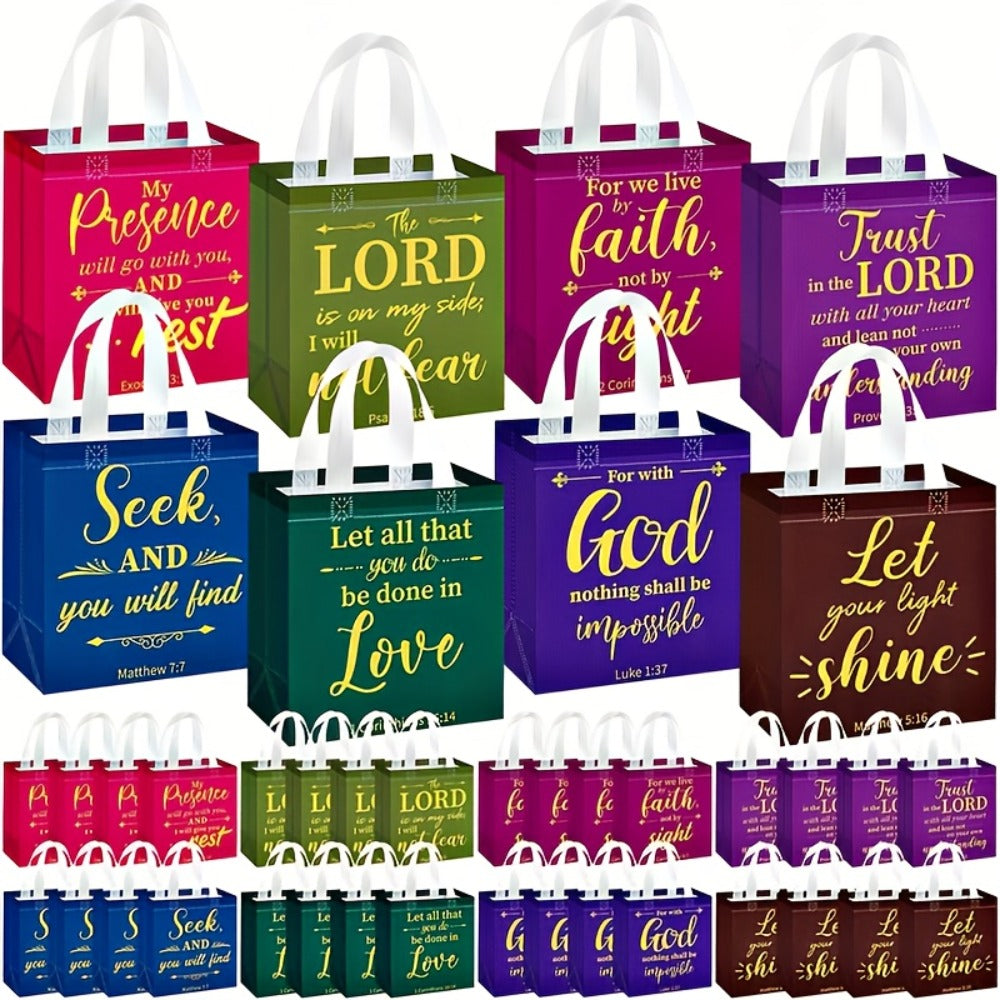 Gift Bag Set Bible Verse Print, 32 or 64 Non-Woven Bags in Eight Colors with White Handles and 9.06 x 8.66 x 4.33 Inch Size