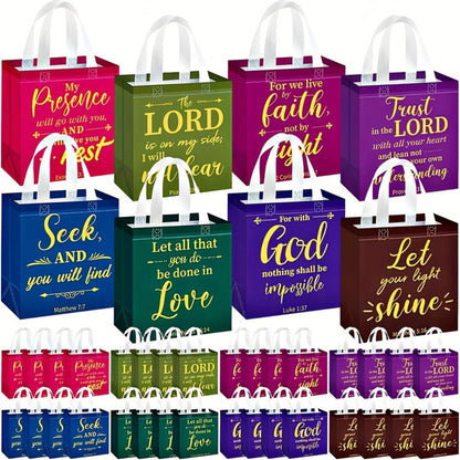 Gift Bag Set Bible Verse Print, 32 or 64 Non-Woven Bags in Eight Colors with White Handles and 9.06 x 8.66 x 4.33 Inch Size