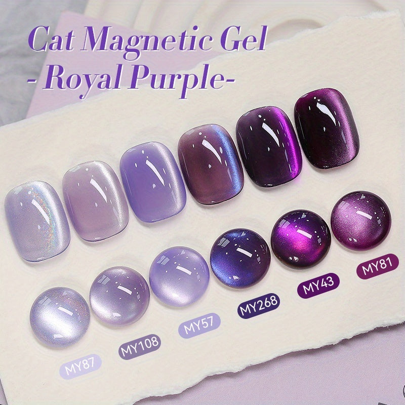Gel Nail Polish 6-Color Purple Magnetic Cat-Eye Set in 10ml Bottles with Ultra-Bright Shimmer and UV/LED Soak-Off Cure