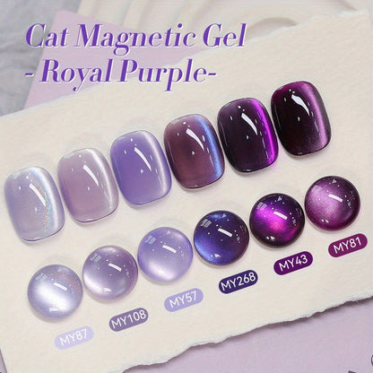 Gel Nail Polish 6-Color Purple Magnetic Cat-Eye Set in 10ml Bottles with Ultra-Bright Shimmer and UV/LED Soak-Off Cure