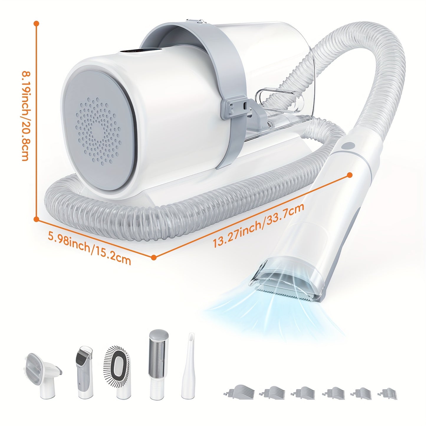 Pet Grooming Vacuum Kit 5-in-1 Professional Clippers 99% Hair Suction 6 Guide Combs Multifunctional Dog Cat Grooming Tools White Blue Grey