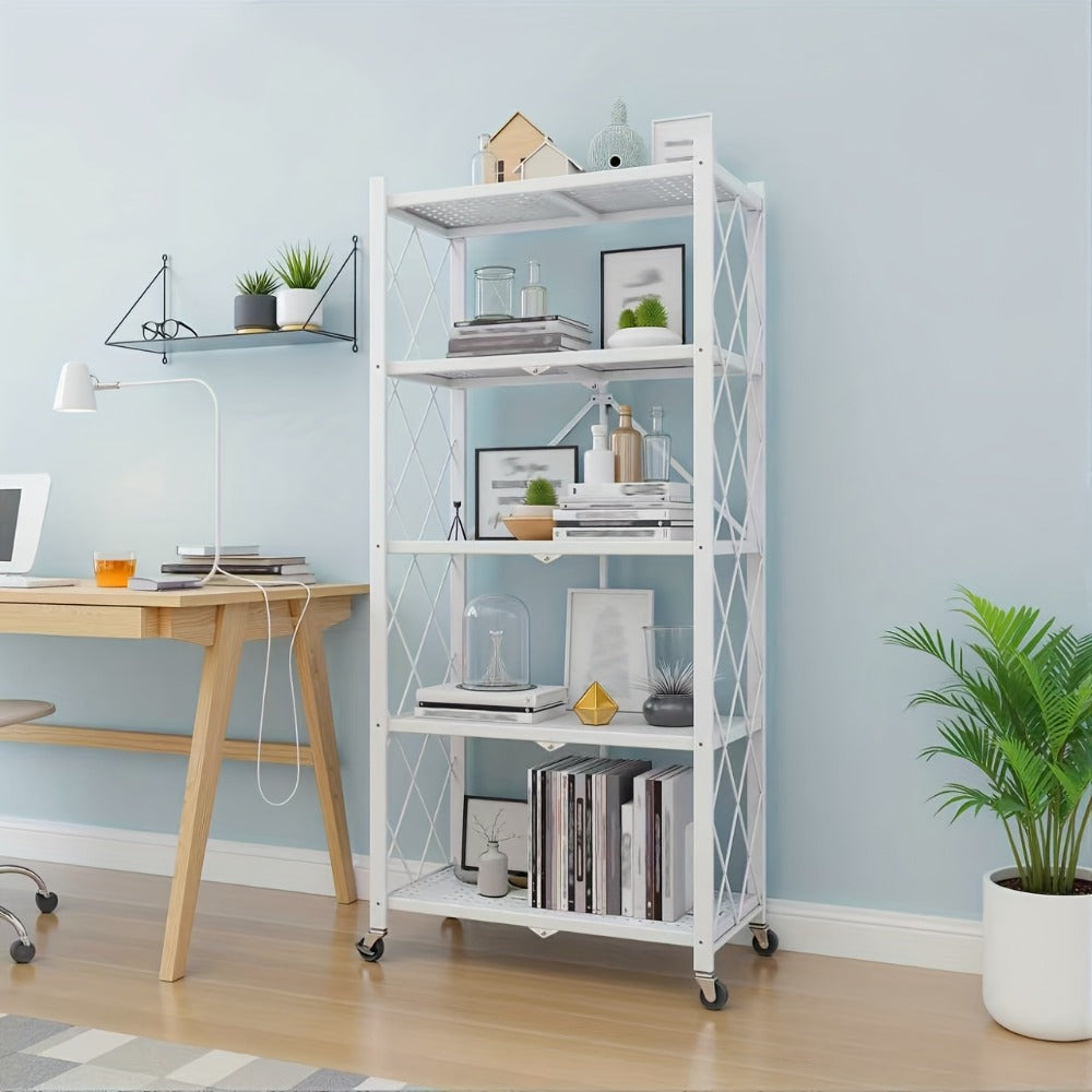 Three-to-Five-Tier Foldable Storage Rack with Carbon Steel Frame, Lockable Wheels and Three Colors