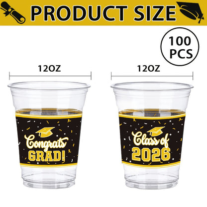 Graduation Plastic Mugs 100 Pack 14oz, 2026 Graduation Party Cups in Black Red Blue Green Purple Maroon for Graduation Ceremony