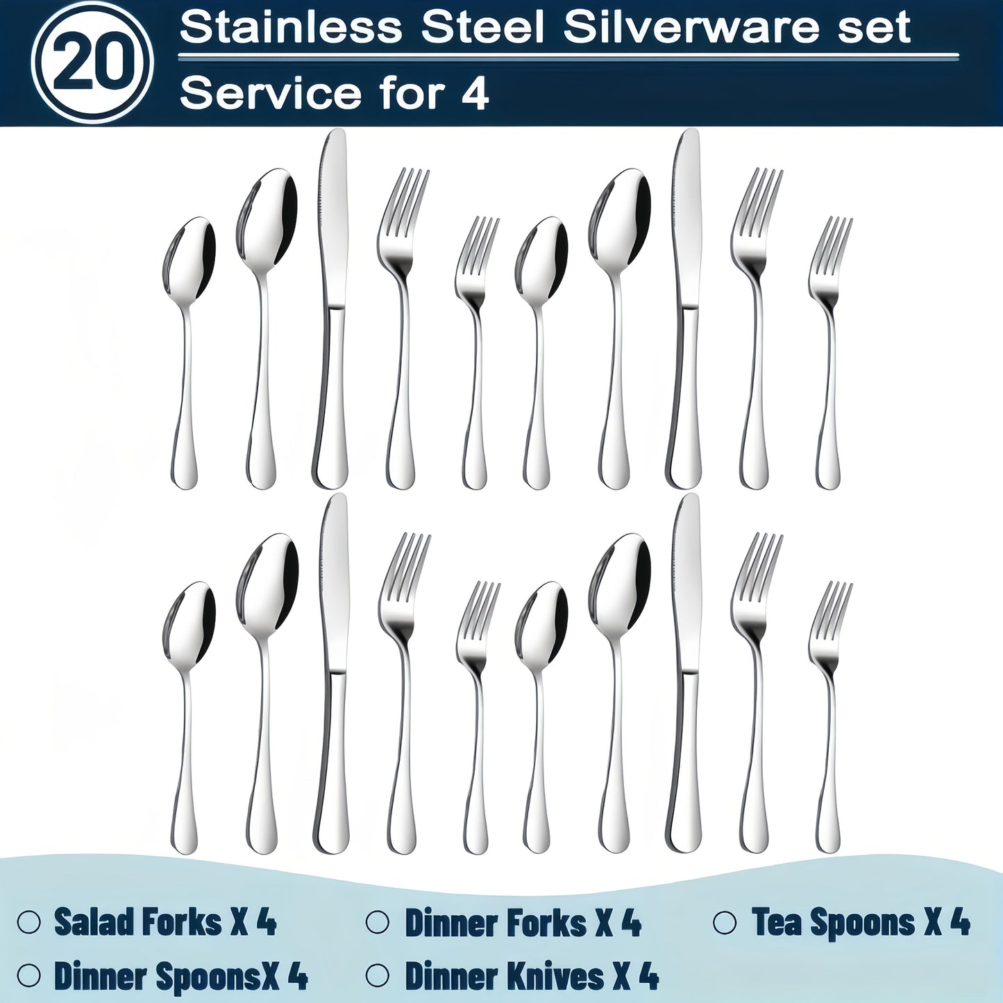 Stainless Steel Silverware Set 20 or 60 Piece – Heavy Duty Commercial Grade, Dishwasher Safe, Rust-Proof & Non-Toxic Bulk Kitchen Tableware