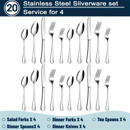 Stainless Steel Silverware Set 20 or 60 Piece – Heavy Duty Commercial Grade, Dishwasher Safe, Rust-Proof & Non-Toxic Bulk Kitchen Tableware
