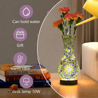 Mosaic Vase Lamp Turkish Moroccan Handmade Colorful Glass Table Lamp with Wooden Base, USB Plug-In Boho Night Light