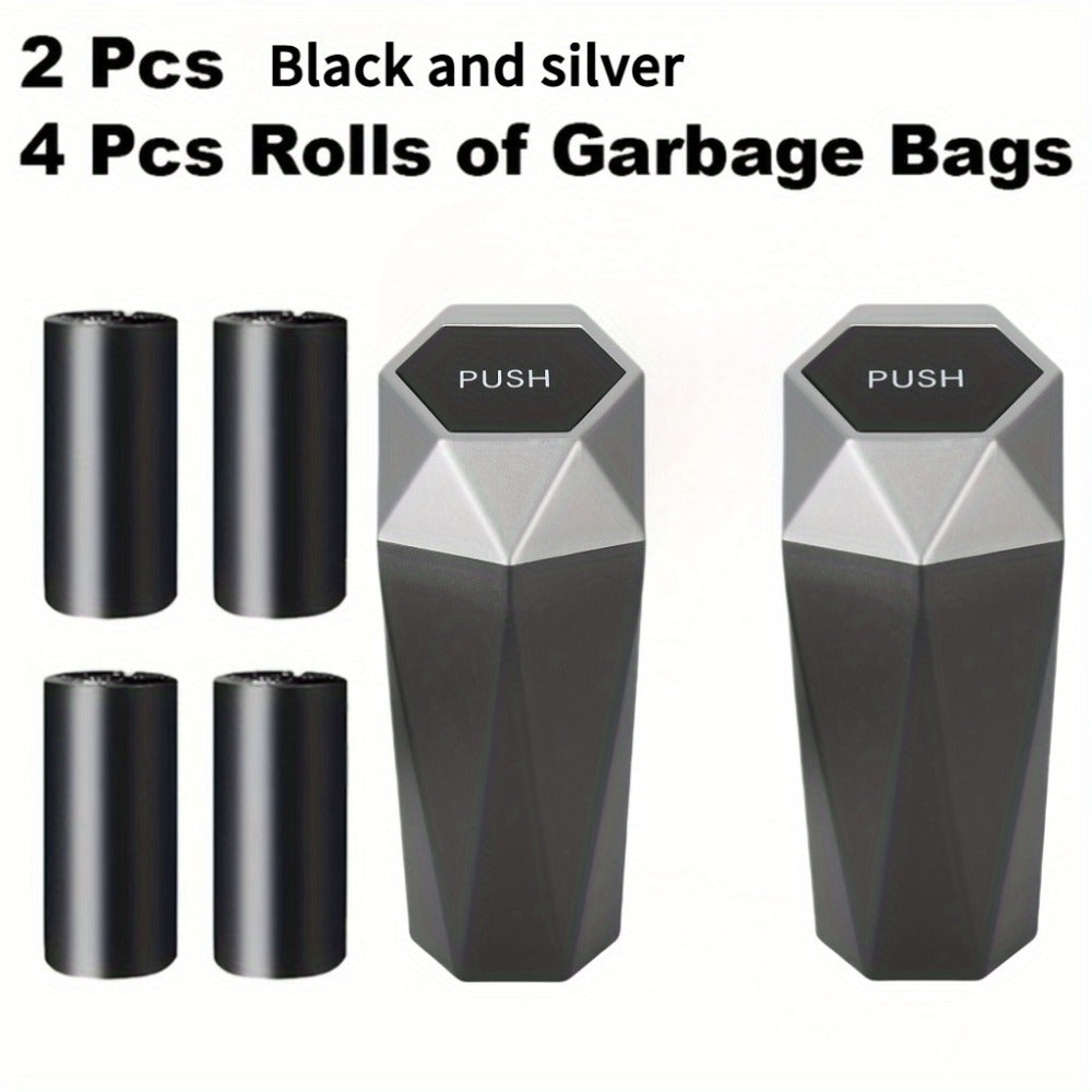 Diamond-Pattern Mini Car Trash Can Pair with Four Bag Rolls, Push Lids and Four Color Choices
