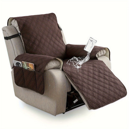 Quilted One-Piece Recliner Chair Cover with Side Pockets, Back Buckle Strap and 11 Color Options