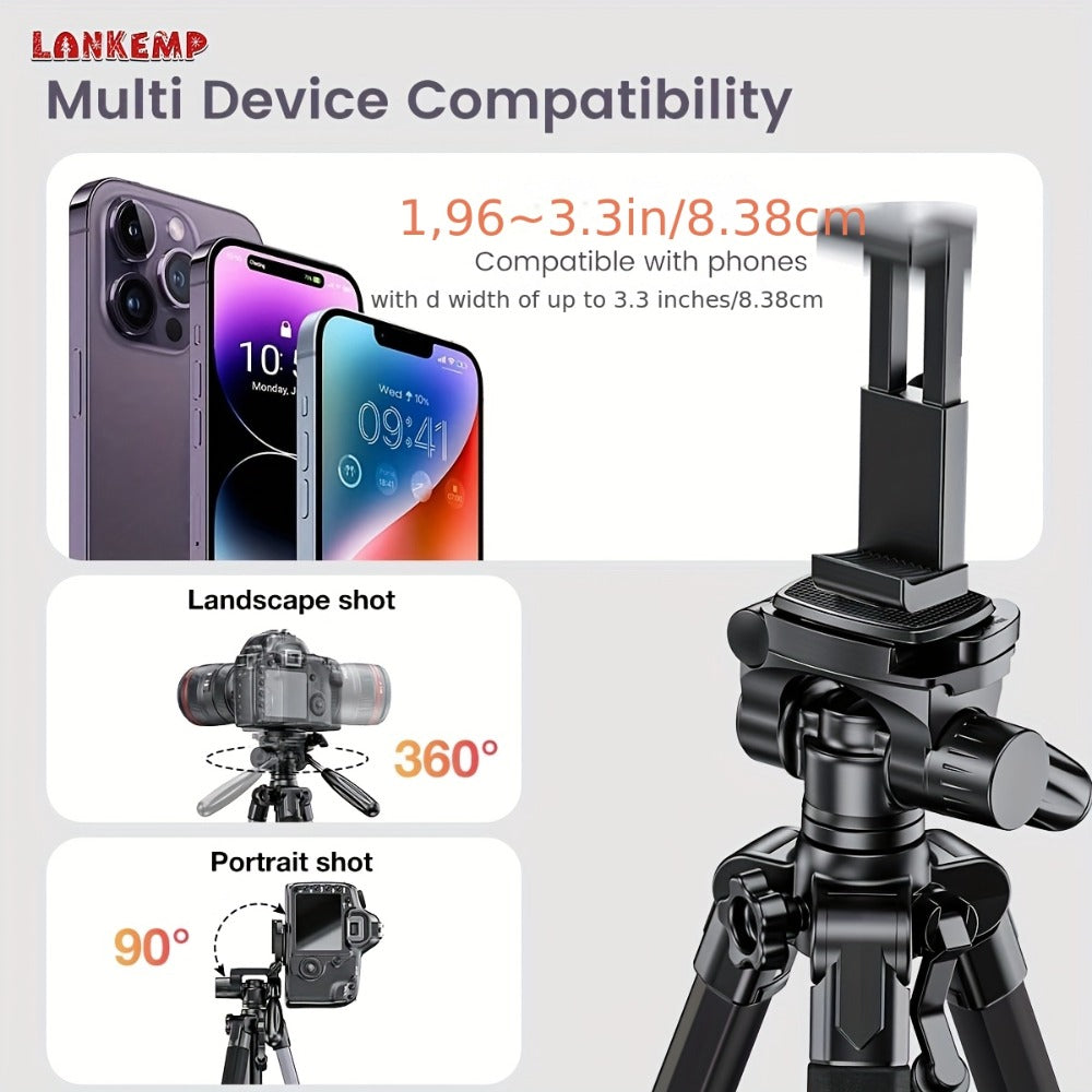 74-Inch Aluminum Camera Tripod in Black with Three-Way Pan Head, Two Quick-Release Plates, Phone Clip and Carry Bag