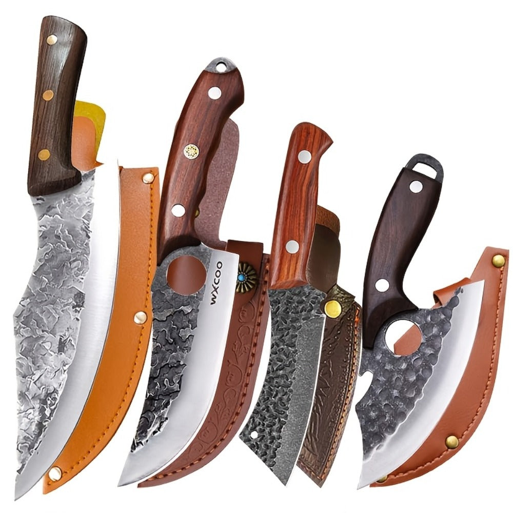 Viking Chef Knife Set 3/4pcs Hammered Stainless Steel Kitchen Knives – Boning, Utility & BBQ Knife with Wooden Handle for Cooking