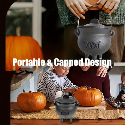 Cast Iron Cauldron with Lid & Handle, Witchcraft Incense Burner, Spell Ritual Pot, Halloween Decor