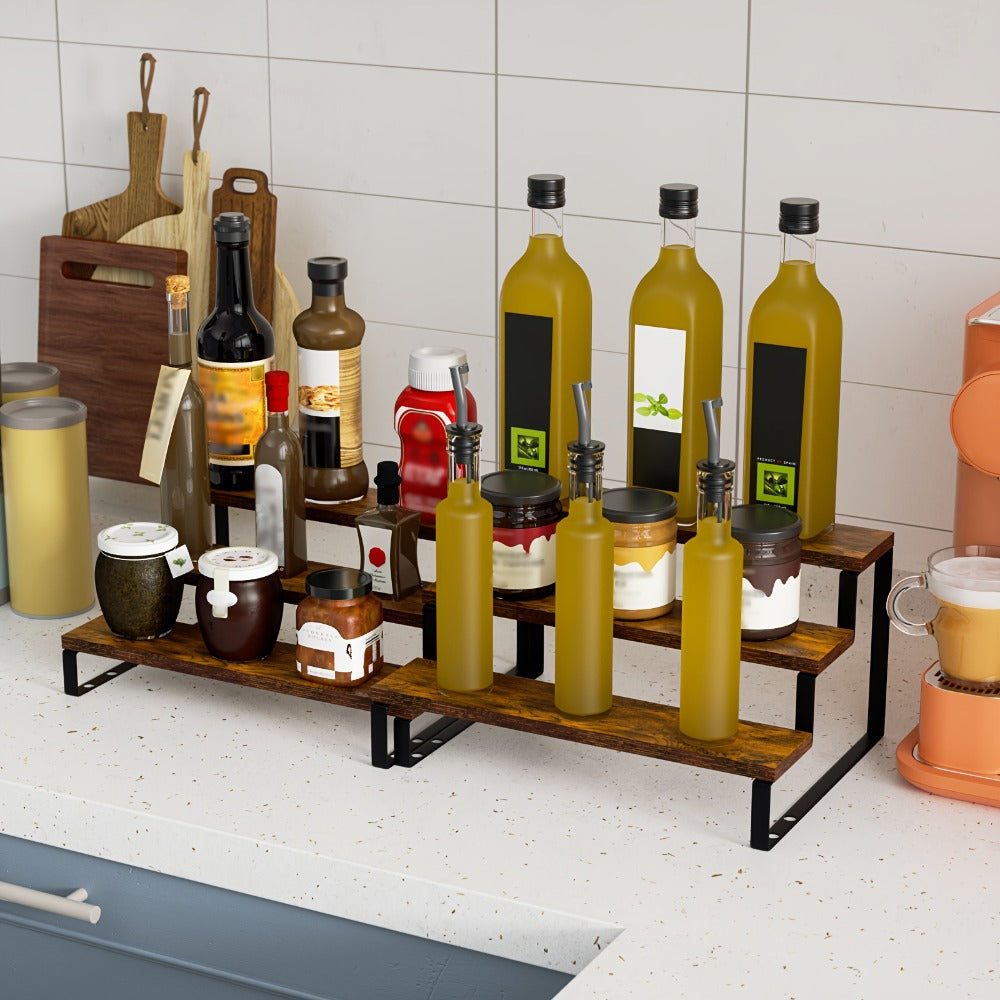 Expandable Spice Rack Organizer 3-Tier 2-Pack, Adjustable 13.8" to 26" Display Riser Stand for Kitchen Cabinet