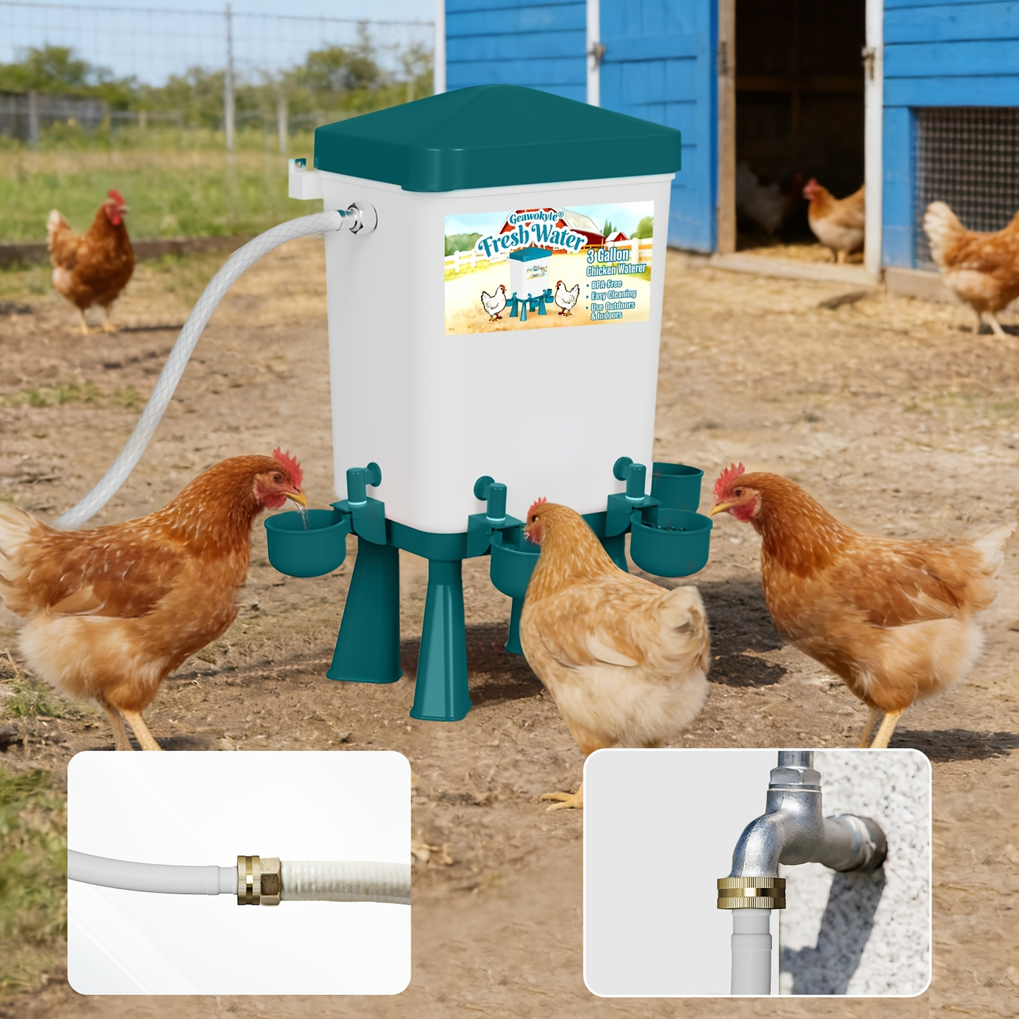 Chicken Waterer 3 Gallon Float Controlled Hose Connection Hands-Free