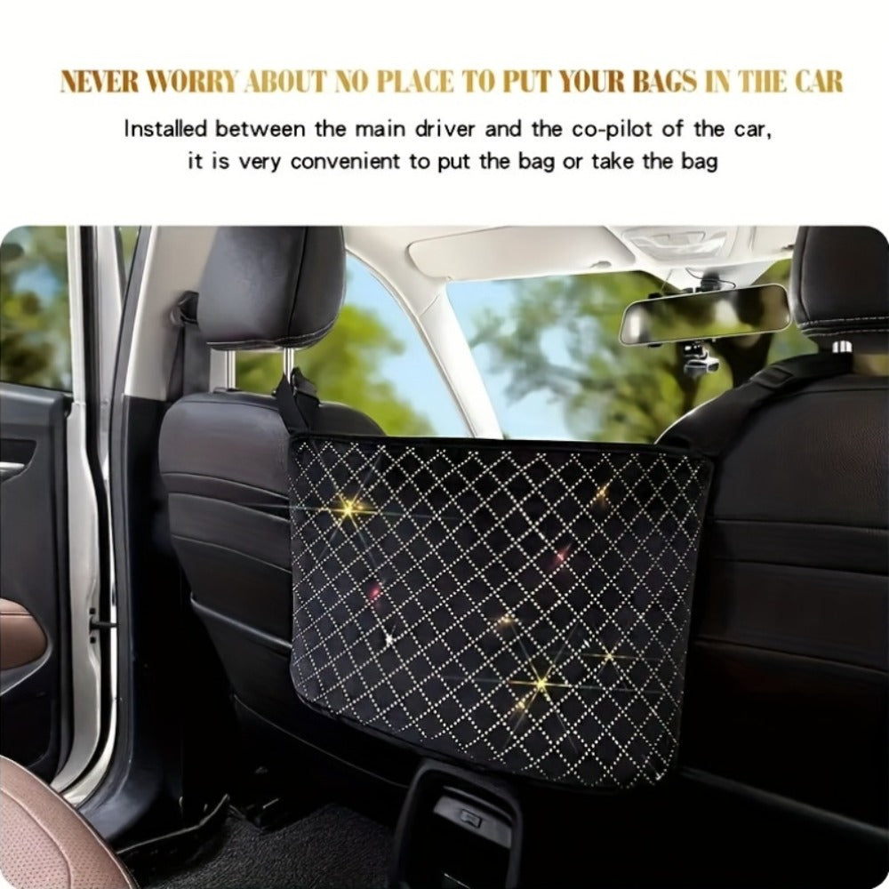 Rhinestone Car Seat Back Purse Holder and Mesh Barrier in Six Crystal Color Checkouts for Cars and SUVs